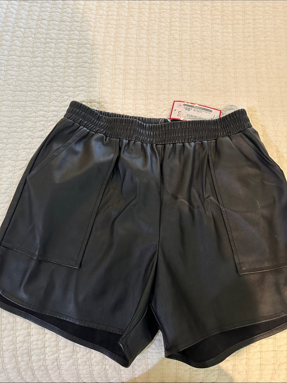 Black Faux Leather Elastic Waist Pocket Shorts